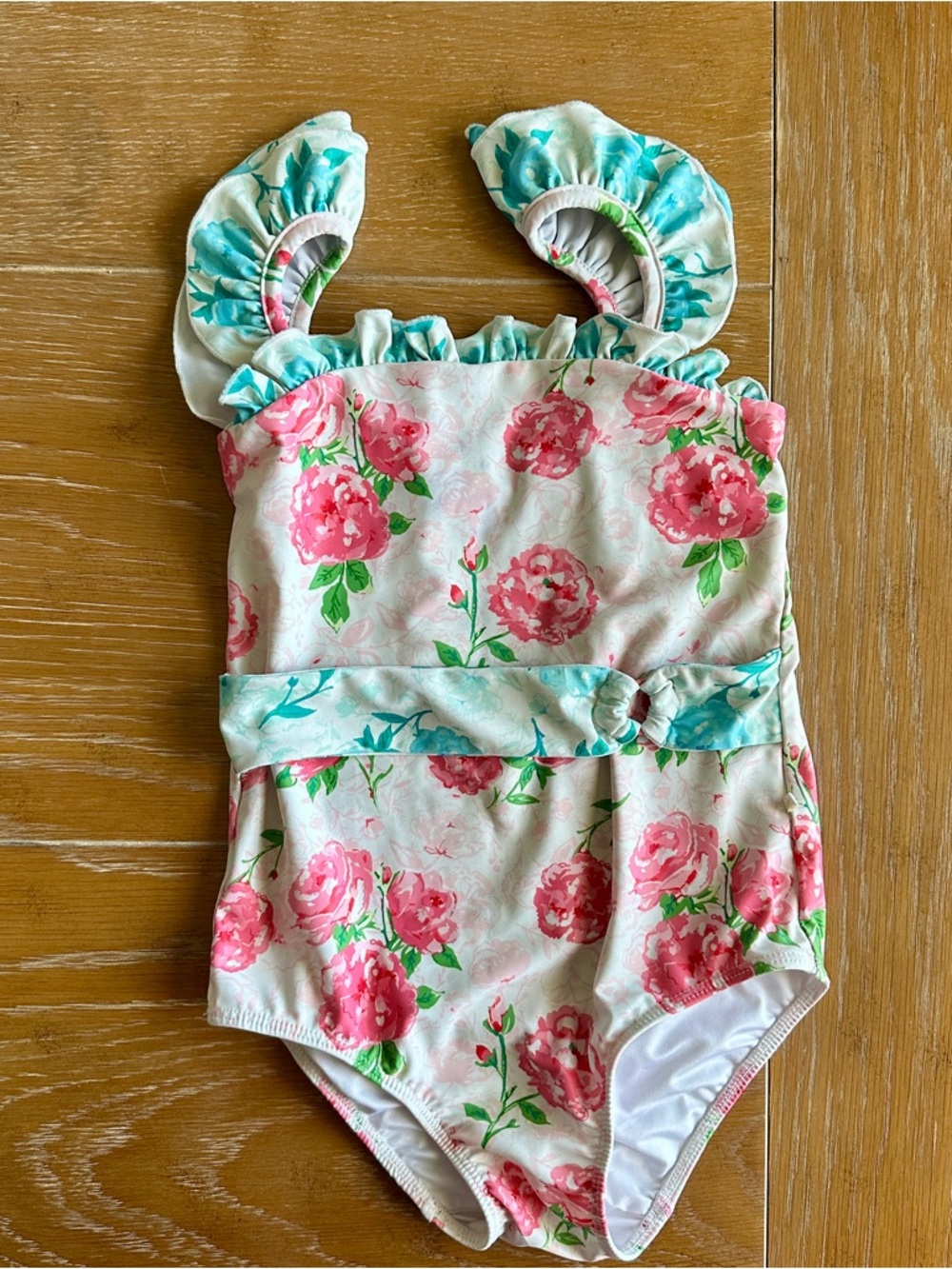 SweetHoney White Floral One-Piece Swimsuit with Pink Roses and Teal Accents